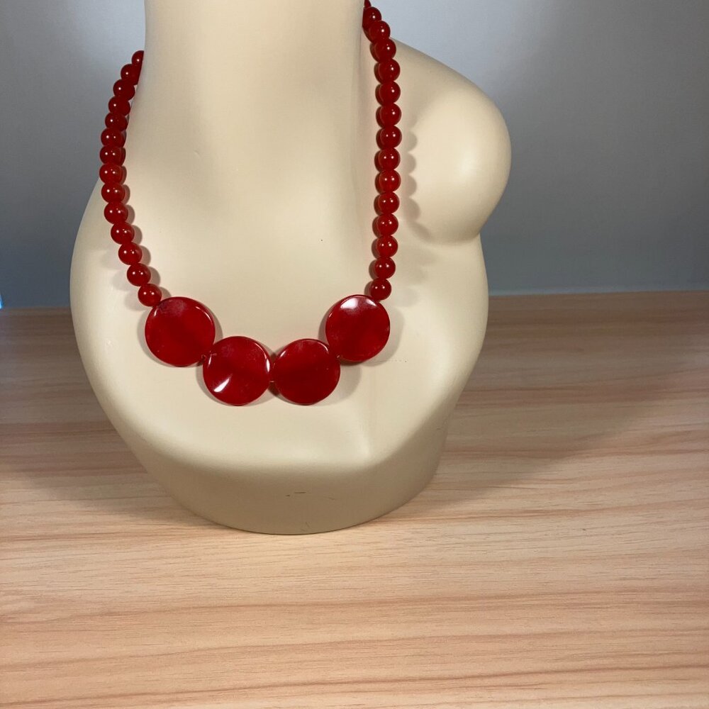 Handcrafted Red Jade Wavy Coin Disc Pendant Necklace (19-1/2" Long) - Picture 3 of 4